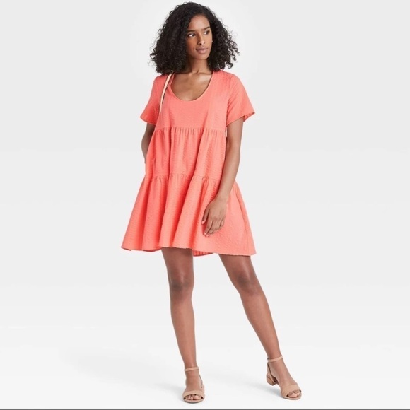 A New Day Flutter Short Sleeve Tiered Dress in Peach Lightweight Vacation Summer - Picture 1 of 8
